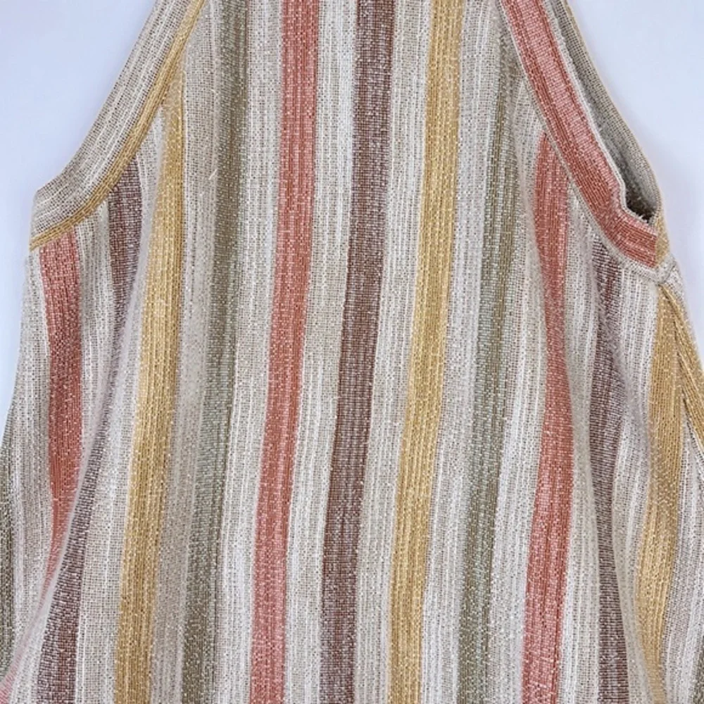 W5 Anthropologie knit halter with fringe hem tan rust yellow green strip… - Picture 5 of 6